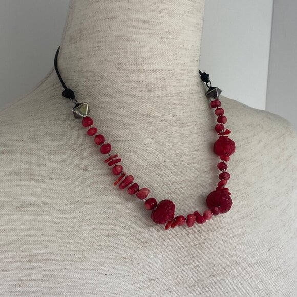 Signed Peyote Bird Sterling Silver 925 Beaded Red Red Coral Necklace 17" - 19" - Picture 12 of 16